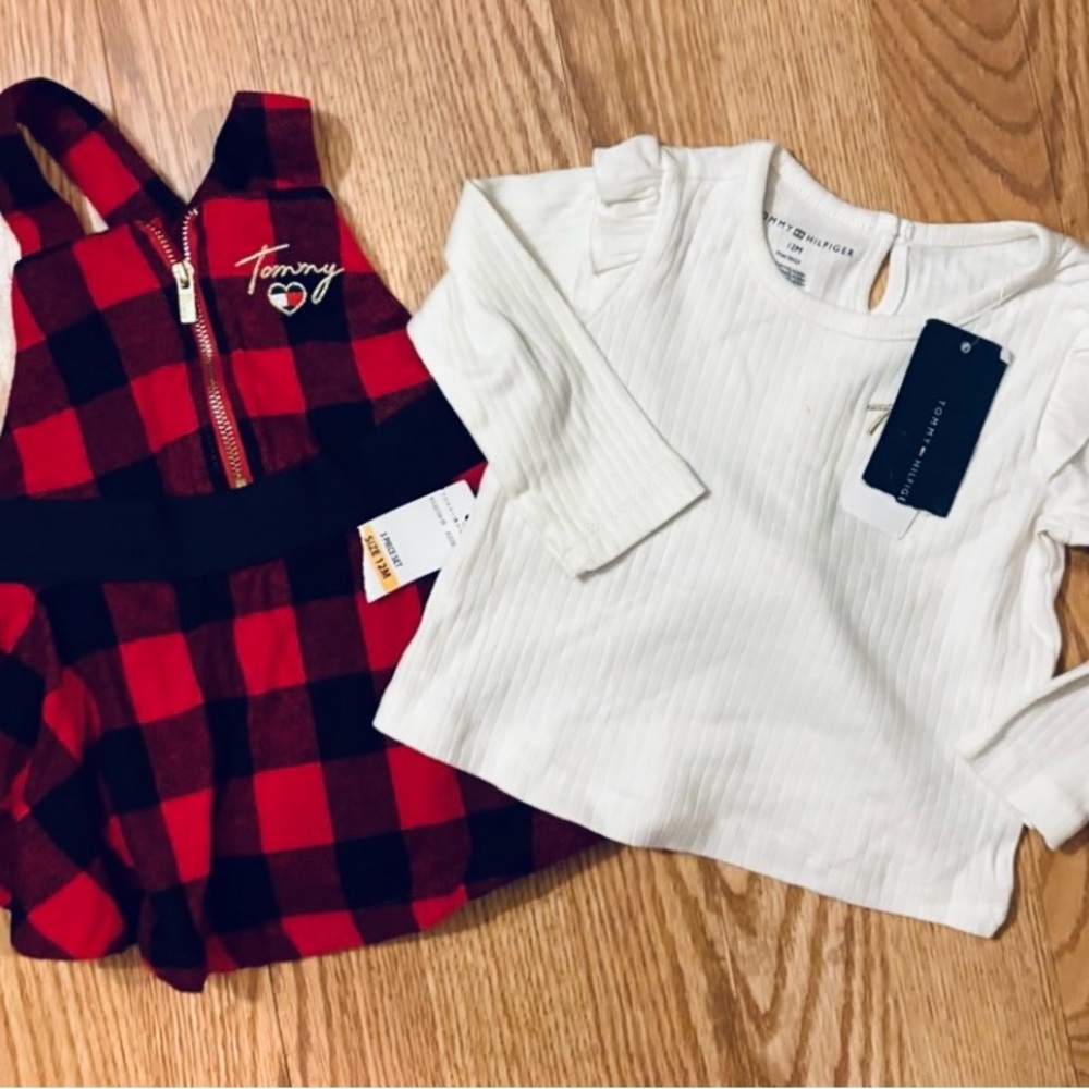 NWT Tommy Hilfiger Red & Black Flannel Dress W/White Long Sleeve Top SZ 12 Month - Picture 2 of 10